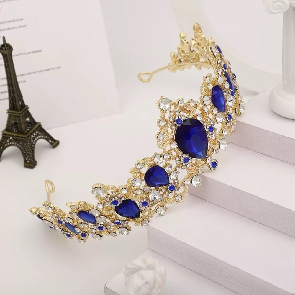 Vintage Gold and Royal Blue Crystal Tiara Headpiece